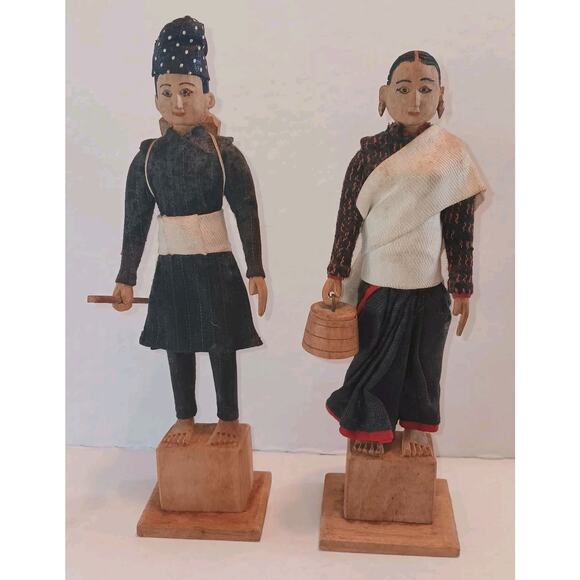 2 Handmade Tibetan Wooden Doll Indigenous Peoples Man Women 8" - Picture 1 of 13